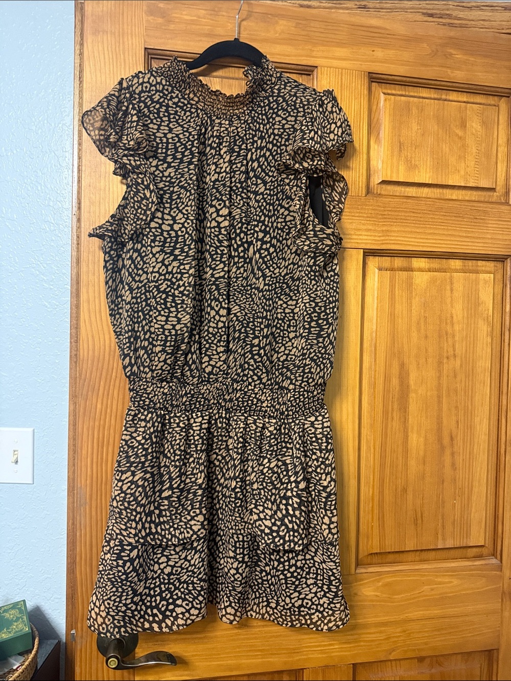 1. State Black and Tan Printed Smocked Waist Mini Dress